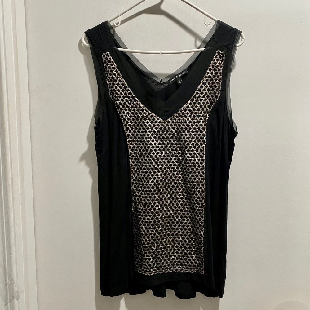 Y2K Black Gold Sequin Mesh Witch Grunge Whimsigoth Castlecore V-neck Tank Top L